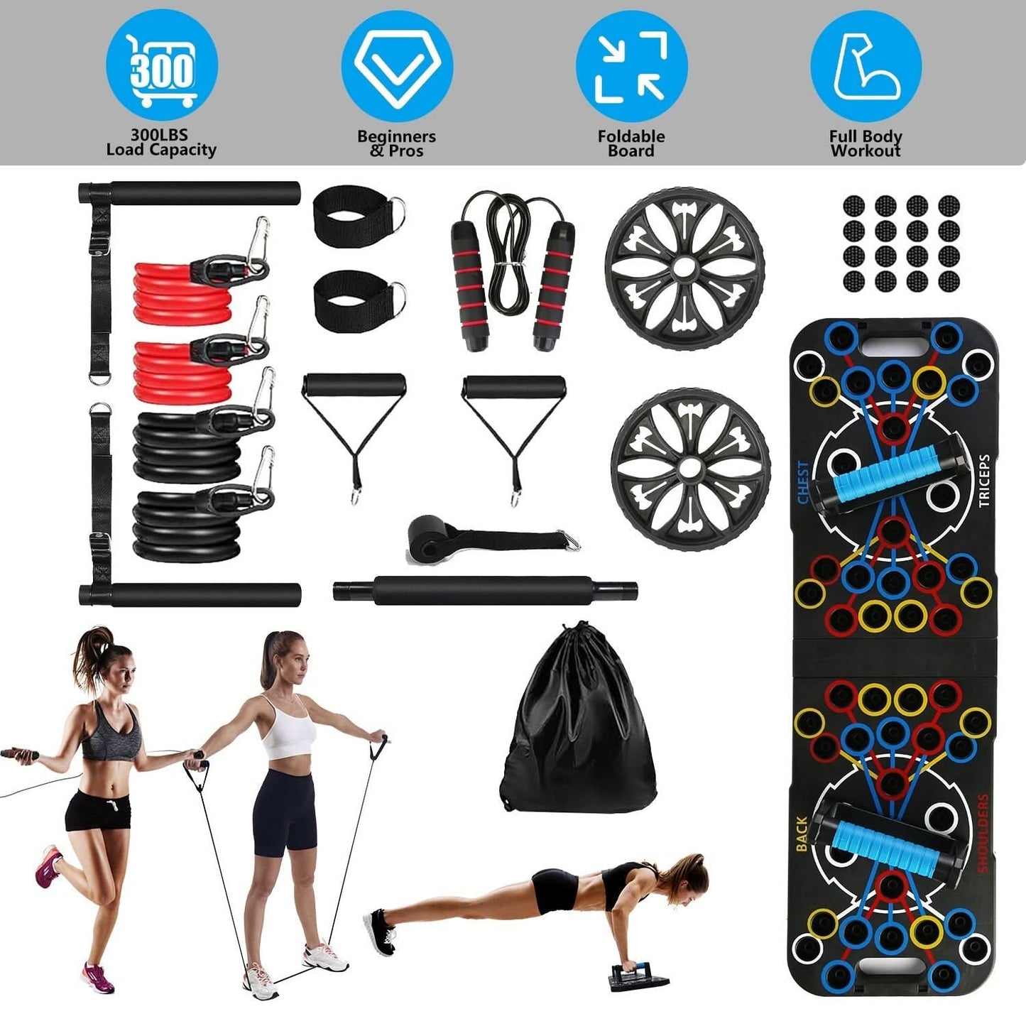 Multifunctional Push Up Board Home Strength Training Equipment With 15 Fitness Accessories Pilates Bar Resistance Band Roller Wheel Full Body Workout Home Gym Equipment - 5 from JK - sports | Black