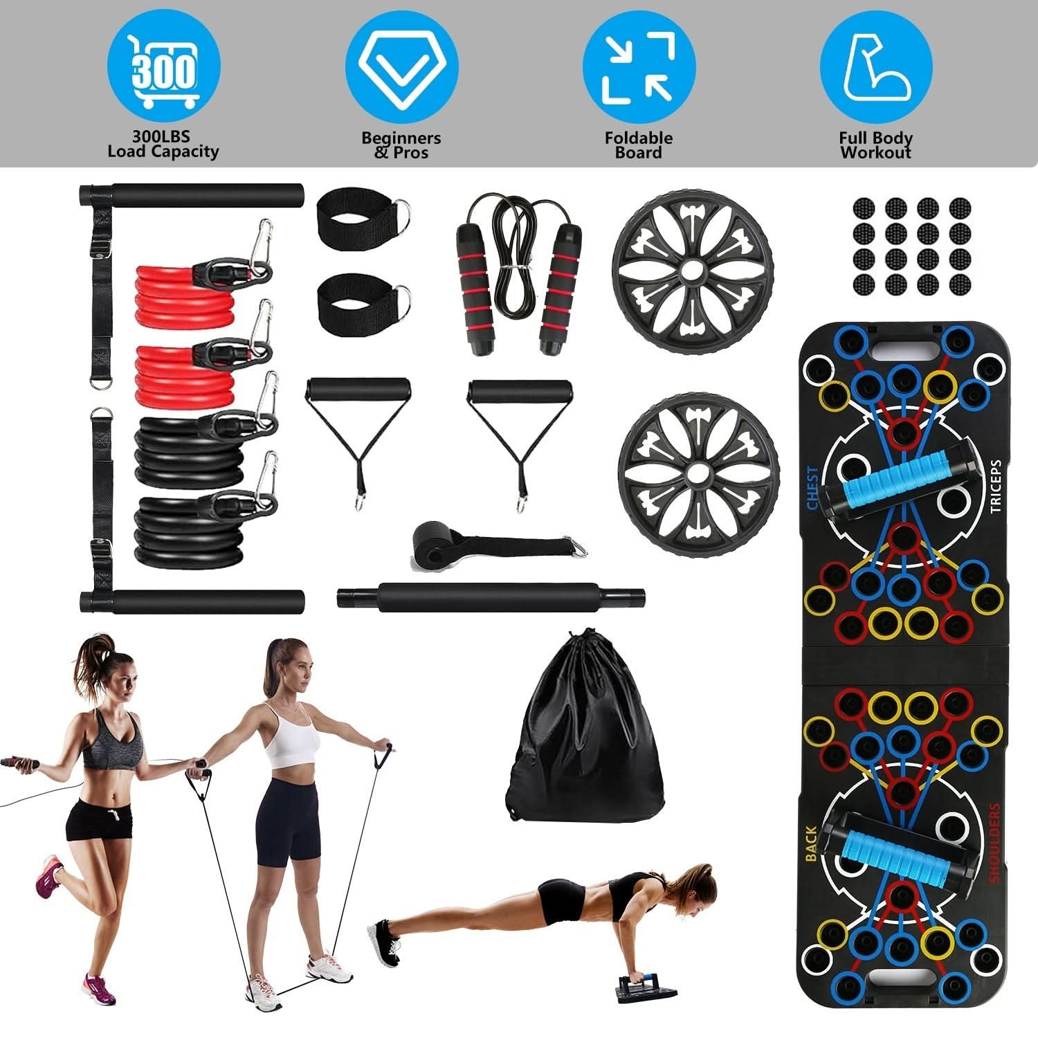 Multifunctional Push Up Board Home Strength Training Equipment With 15 Fitness Accessories Pilates Bar Resistance Band Roller Wheel Full Body Workout Home Gym Equipment - 5 from JK - sports | Black