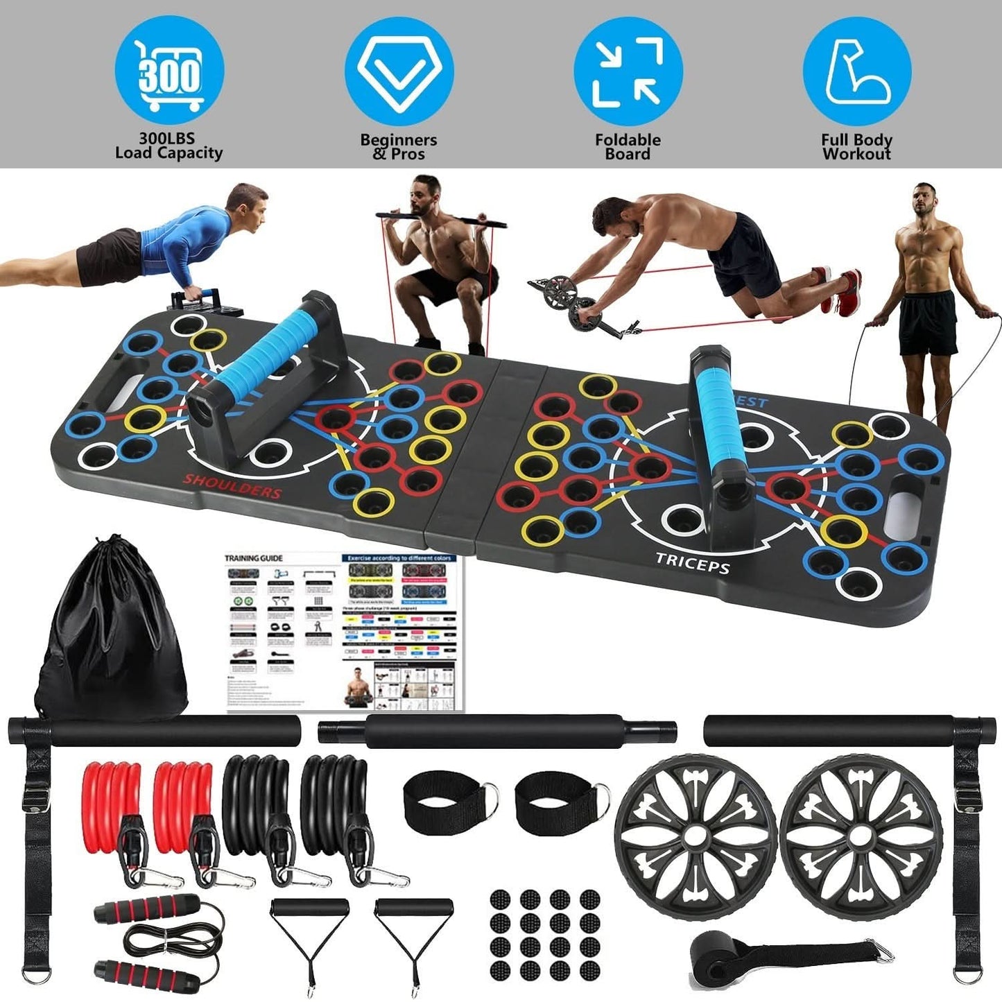 Multifunctional Push Up Board Home Strength Training Equipment With 15 Fitness Accessories Pilates Bar Resistance Band Roller Wheel Full Body Workout Home Gym Equipment - 5 from JK - sports | Black