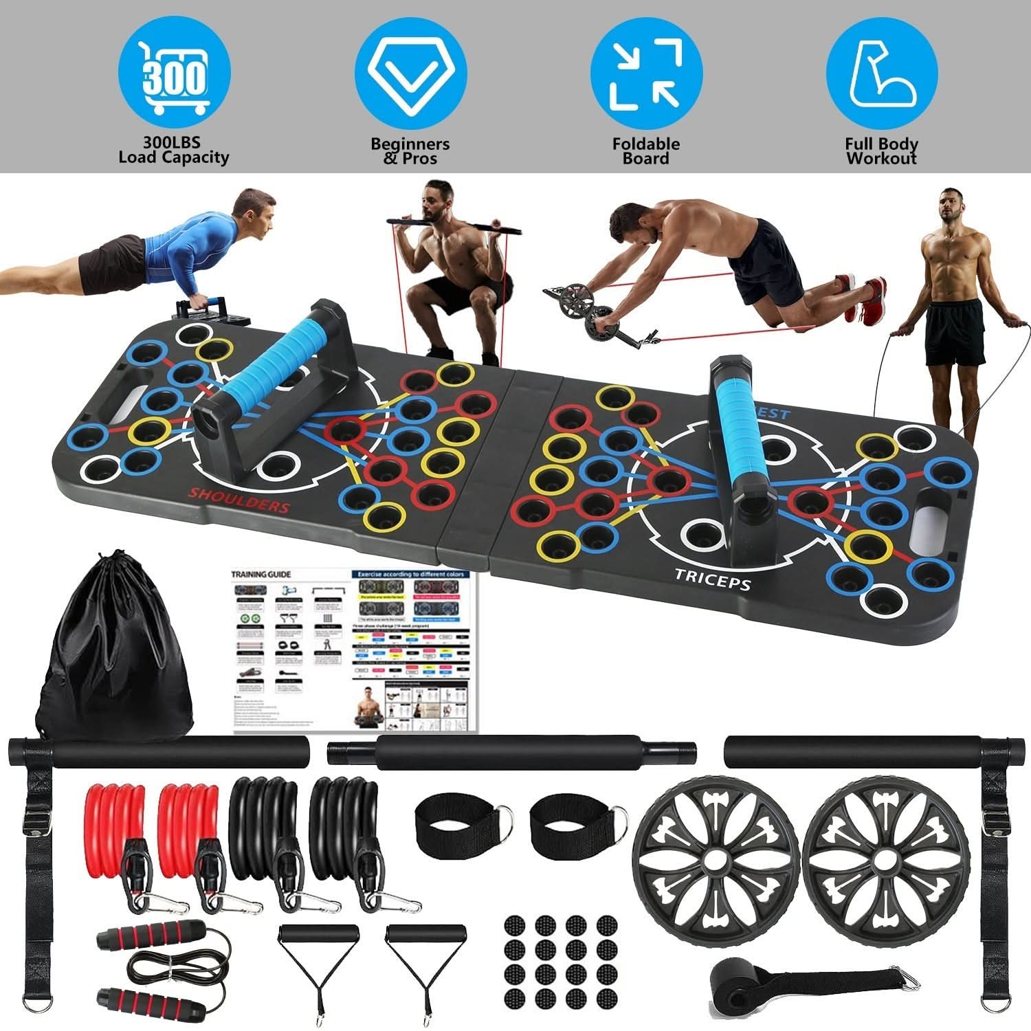Multifunctional Push Up Board Home Strength Training Equipment With 15 Fitness Accessories Pilates Bar Resistance Band Roller Wheel Full Body Workout Home Gym Equipment - 5 from JK - sports | Black