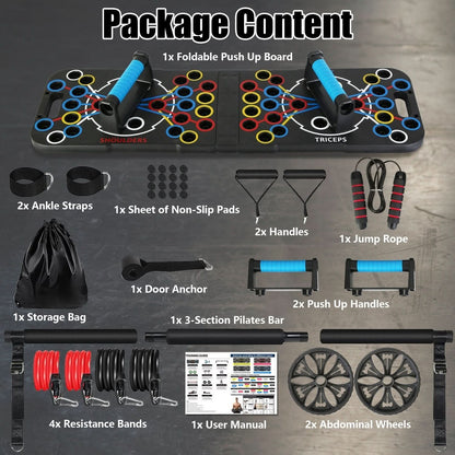 Multifunctional Push Up Board Home Strength Training Equipment With 15 Fitness Accessories Pilates Bar Resistance Band Roller Wheel Full Body Workout Home Gym Equipment - 5 from JK - sports | Black