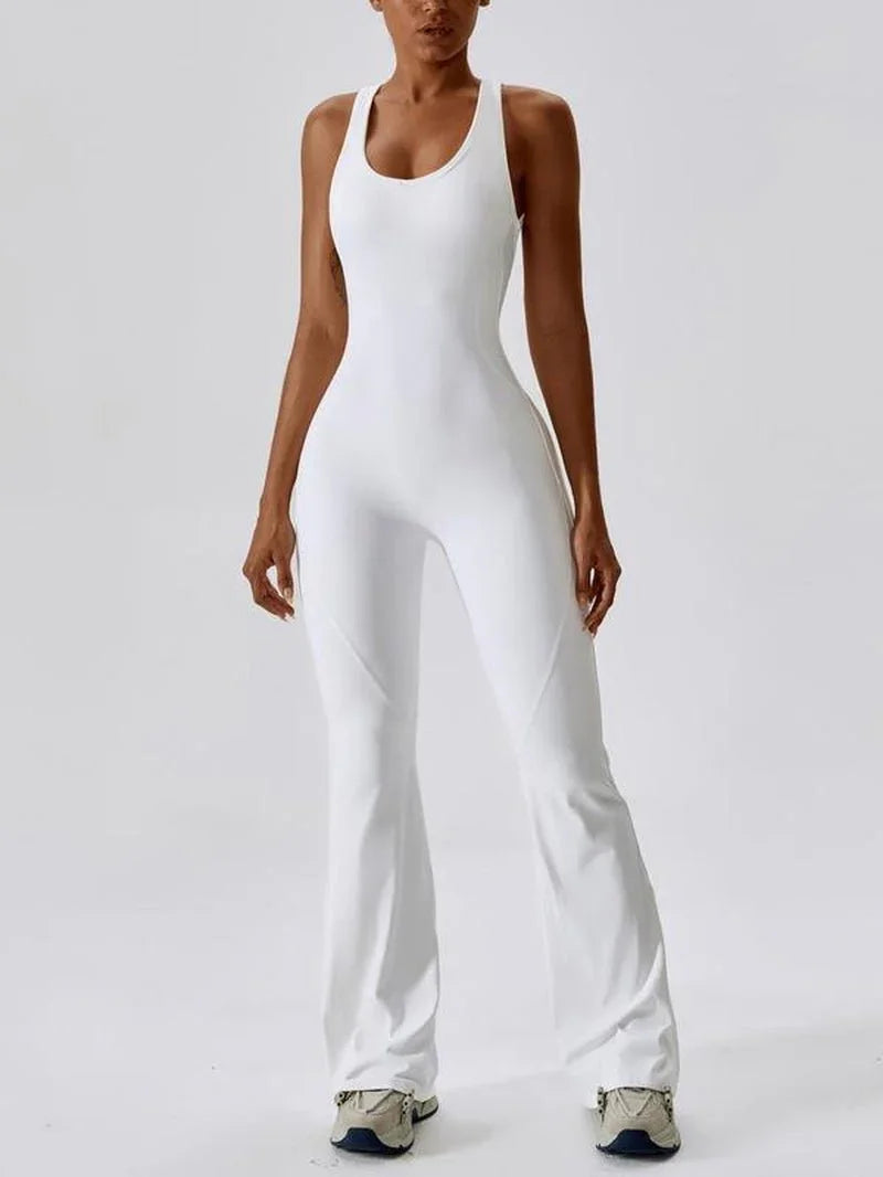 Women'S Solid Cut Out Backless Sports Tummy Control Jumpsuit, Quick Drying U Neck Sleeveless Sporty Comfy Jumpsuit for Yoga Gym Workout, Ladies Sportswear for Summer, Stretchable Activewear - from JK - sports | White S