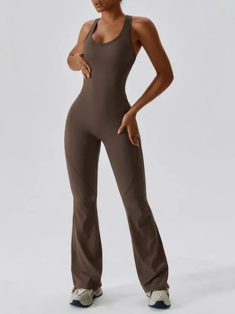 Women'S Solid Cut Out Backless Sports Tummy Control Jumpsuit, Quick Drying U Neck Sleeveless Sporty Comfy Jumpsuit for Yoga Gym Workout, Ladies Sportswear for Summer, Stretchable Activewear - from JK - sports | Coffee Brown S